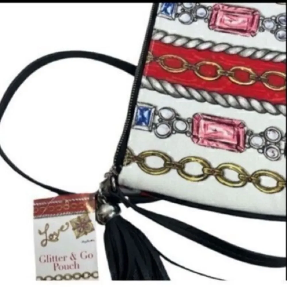 Brighton Women’s Small Crossbody Glitter and Go Pouch White Red with Tassel - Picture 7 of 16